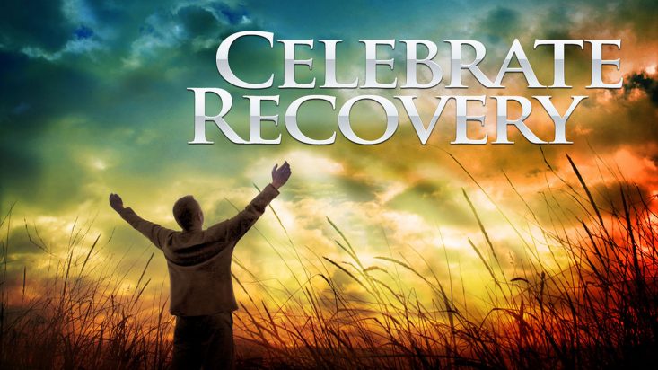 Celebrate Recovery graphic with man's arms outstretched to the heavens